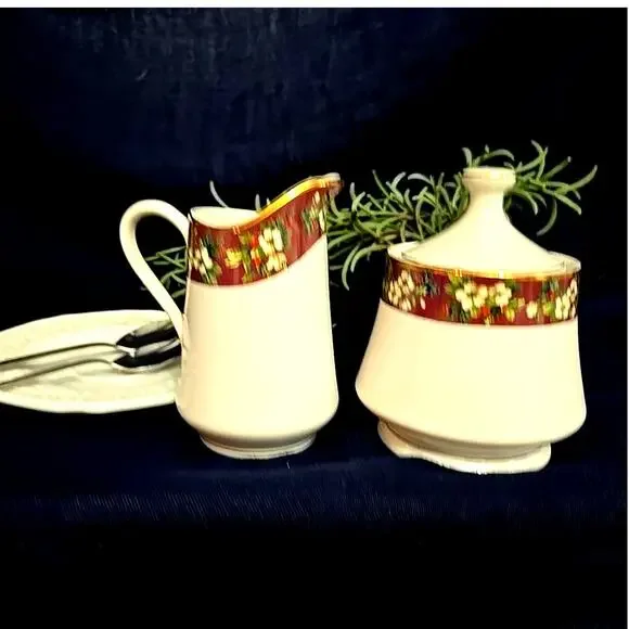 Splendor by Sakura Sugar Bowl and Creamer Pitcher Fine Stoneware Floral Burgundy - Picture 1 of 8